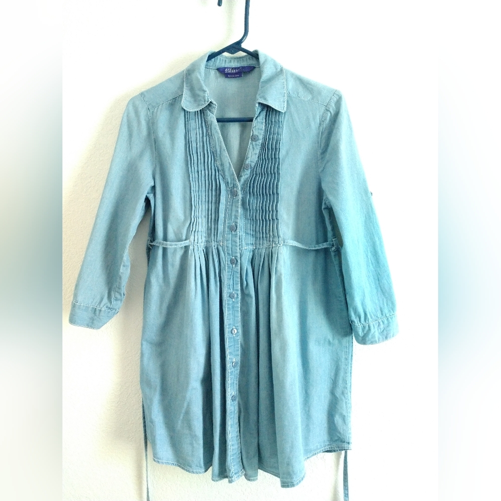 Cute Vintage Y2K Miley Cryus Max Azria Denim Tunic Shirt Pleated Tie Back Small